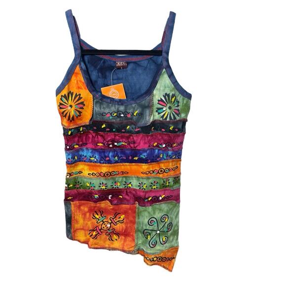 KPC 100% Cotton Embroidered 90's Y2K Patchwork Cami, Boho Hippie Free Spirit, L - Picture 2 of 6